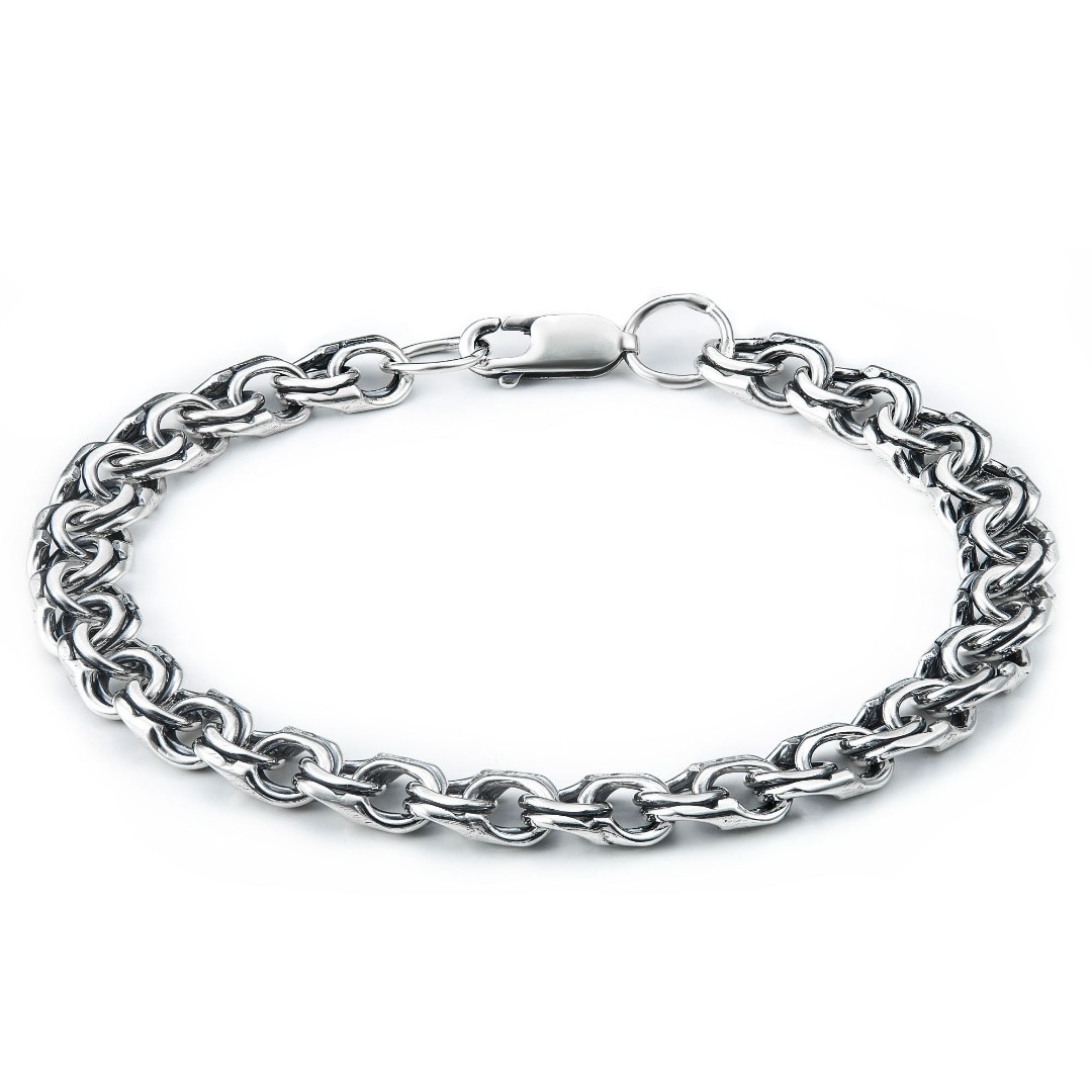 Серебряный мужской браслет, плетение Бисмарк, ширина 7,7 мм, оксидирование Браслет на руку,Серебро,с вставкой Без вставок,с замком Карабинный,РОССИЯ