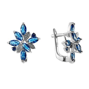 Серебряные серьги "Цветок" с голубыми и белыми кубическими цирконами, в родии