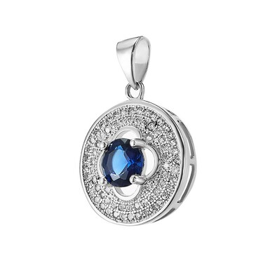 Серебряная круглая подвеска с синим и белыми кубическими цирконами в родии