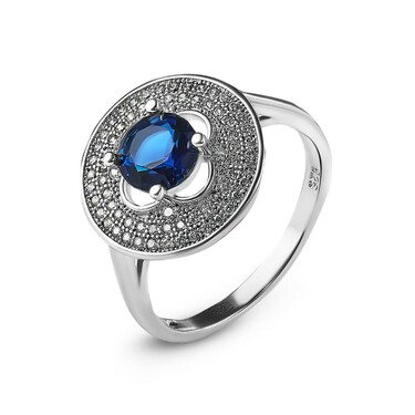 Серебряное кольцо с синим и белыми кубическими цирконами, в родии