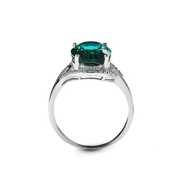 Серебряное кольцо с овальным зеленым кубическим цирконом и белым кварцем, в родии