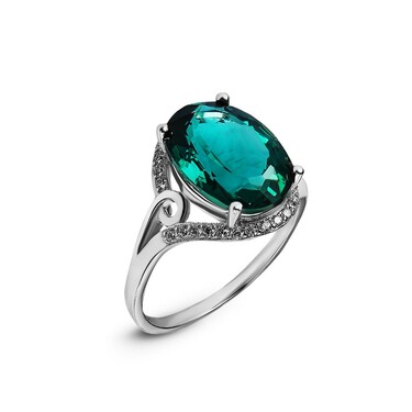 Серебряное кольцо с овальным зеленым кубическим цирконом и белым кварцем, в родии