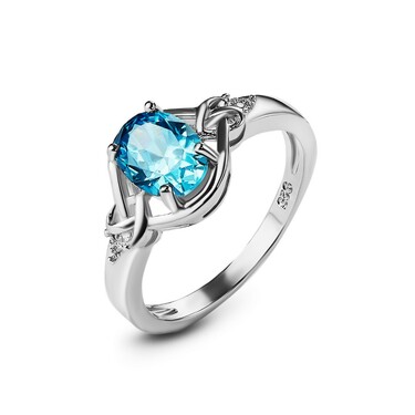 Серебряное кольцо "Узел любви" с голубым и белыми кубическими цирконами, в родии
