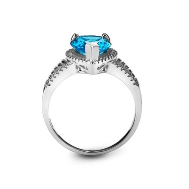 Серебряное кольцо с голубым и белыми кубическими цирконами, огранка груша, в родии