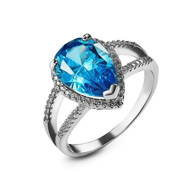 Серебряное кольцо с голубым и белыми кубическими цирконами, огранка груша, в родии