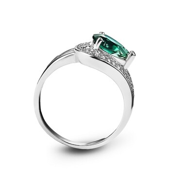 Серебряное женское коктейльное кольцо Капля, с крупным зеленым кубическим цирконом и белым кварцем