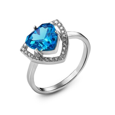 Серебряное кольцо  "Округленный треугольник" с голубым и белыми кубическими цирконами, в родии