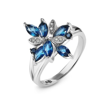 Серебряное кольцо "Цветок" с голубыми и белыми кубическими цирконами, в родии