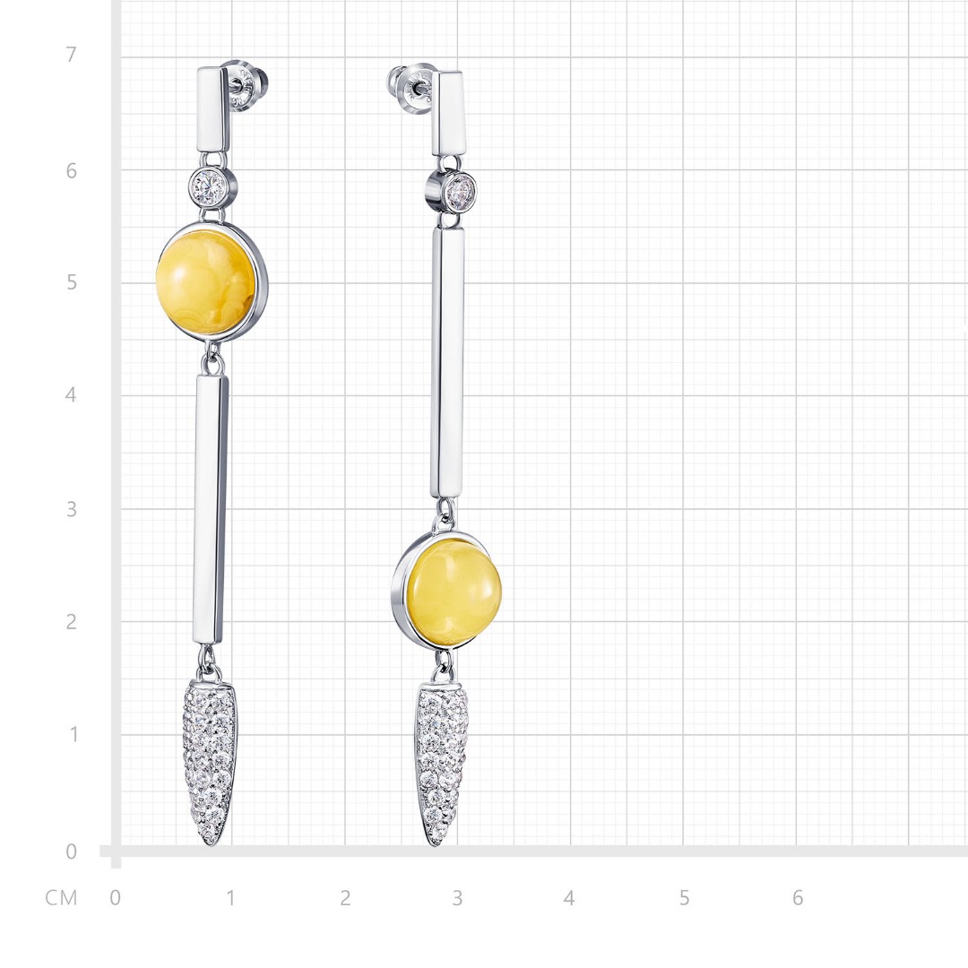 Серебряные серьги в ассиметрии с янтарем и фианитами ,родий Серьги,Серебро,с вставкой Фианит,Янтарь Белая,Желтый цвета,ГОНКОНГ
