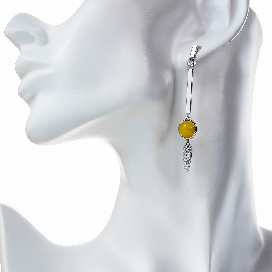 Серебряные серьги в ассиметрии с янтарем и фианитами ,родий Серьги,Серебро,с вставкой Фианит,Янтарь Белая,Желтый цвета,ГОНКОНГ