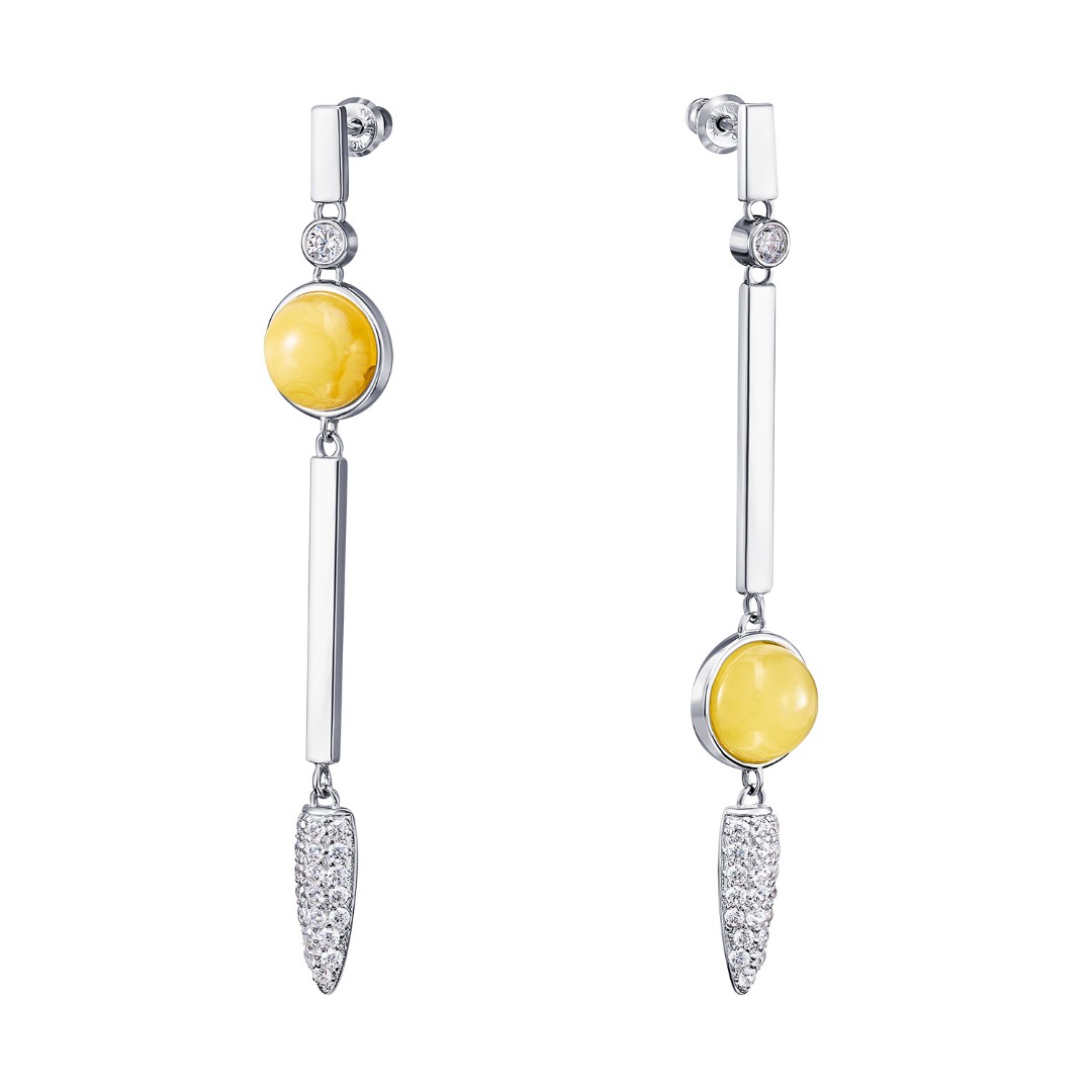 Серебряные серьги в ассиметрии с янтарем и фианитами ,родий Серьги,Серебро,с вставкой Фианит,Янтарь Белая,Желтый цвета,ГОНКОНГ