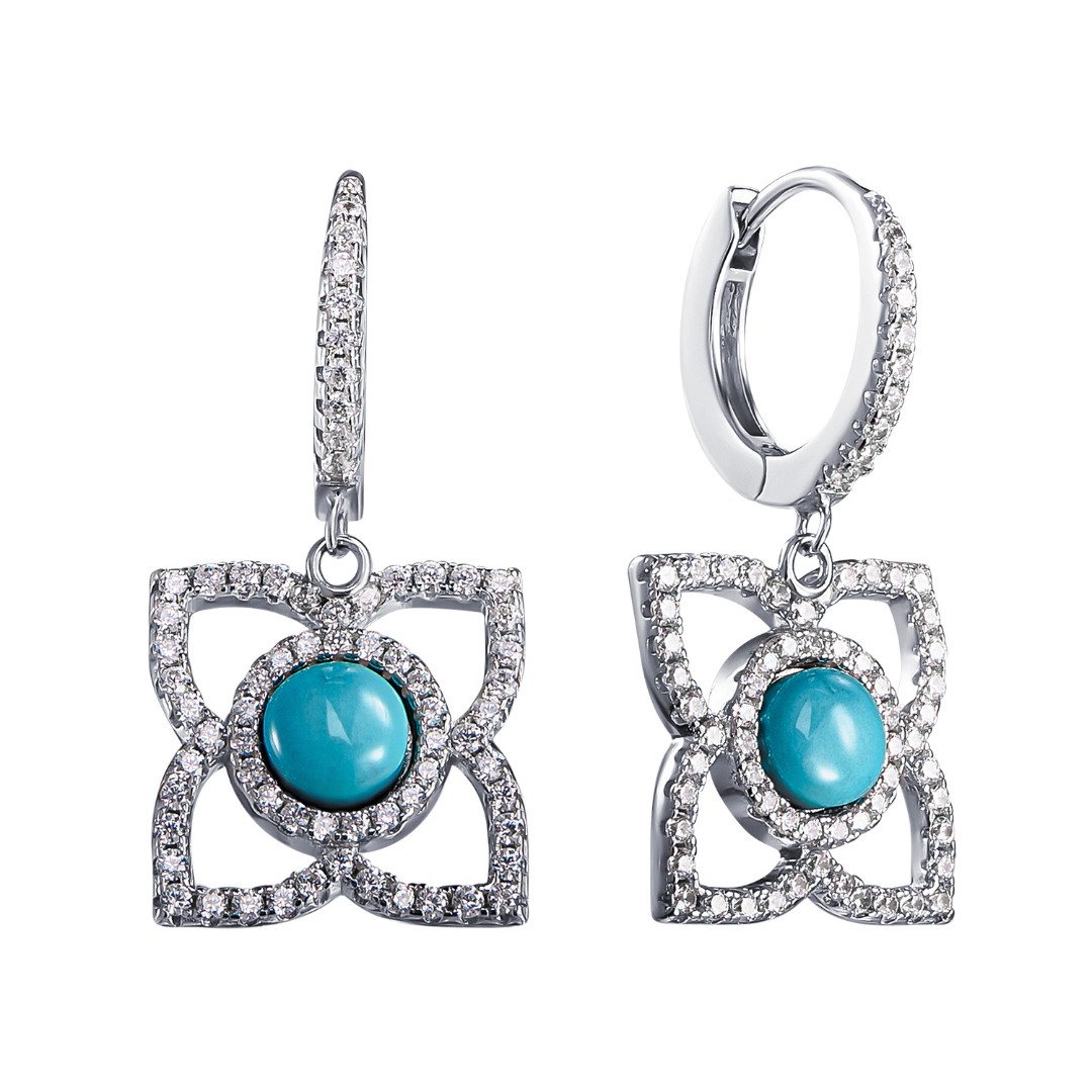 Серьги,Серебро,с вставкой Фианит,Бирюза Белая,Бирюзовая цвета,с замком Скоба,ГОНКОНГ