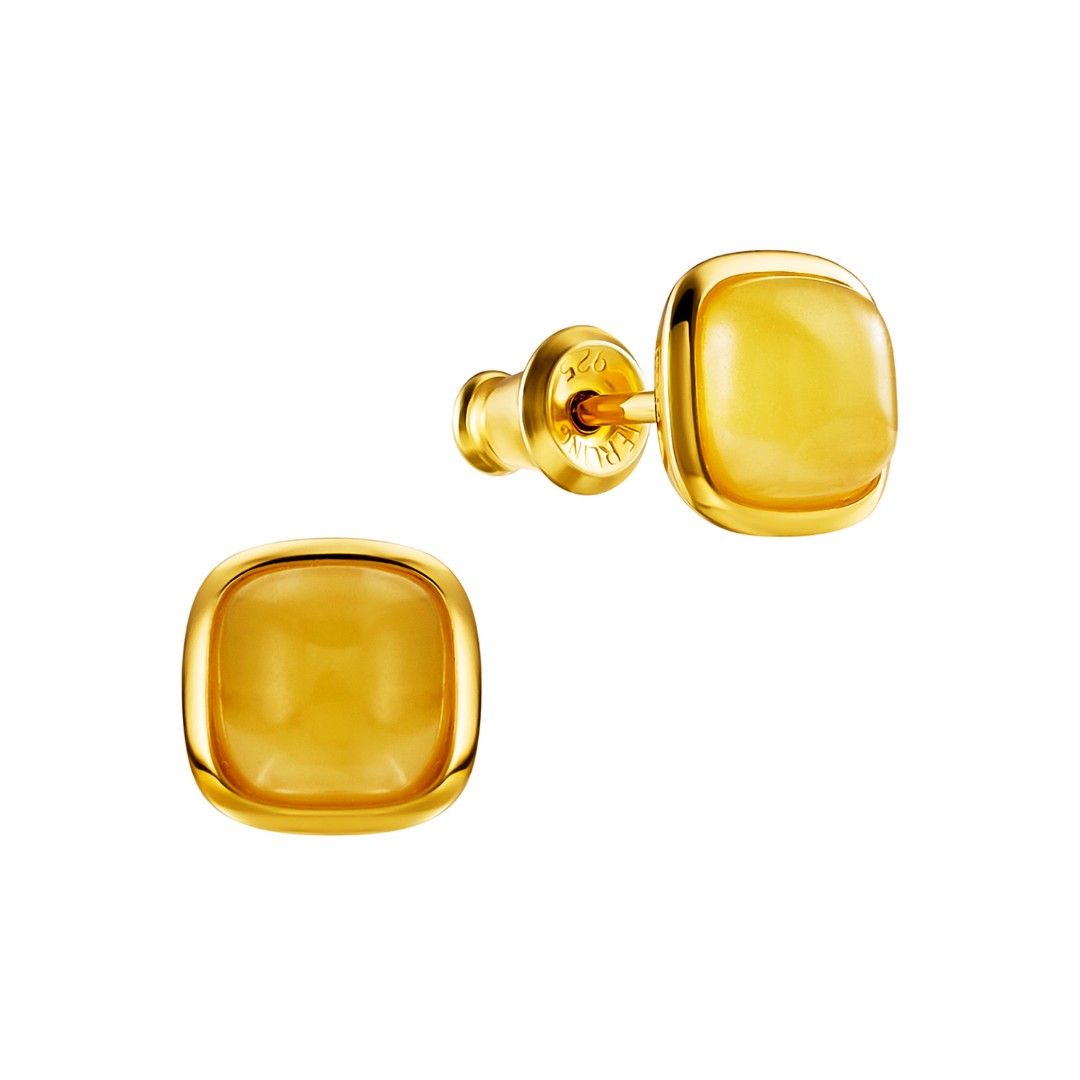 Серебряные серьги с янтарем ,позолота Серьги,Серебро,с вставкой Янтарь Желтый цвета,с замком Пусет,ГОНКОНГ