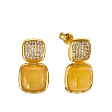 Серебряные серьги с янтарем и фианитами ,позолота