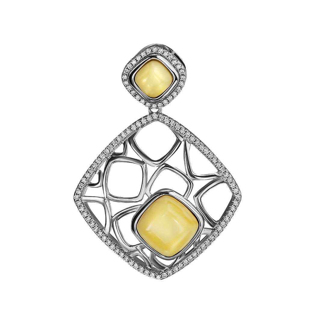 Серебряная подвеска Подвеска,Кулон,Серебро,с вставкой Фианит,Янтарь Белая,Желтый цвета,ГОНКОНГ