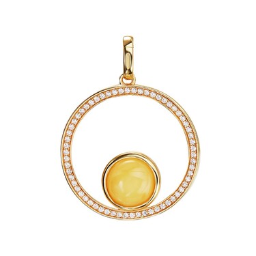 Серебряная подвеска с янтарем и фианитами,  позолота