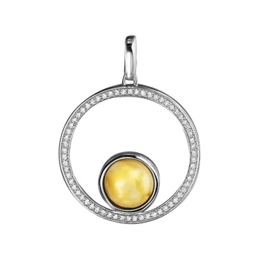 Серебряная подвеска с янтарем и фианитами, родий