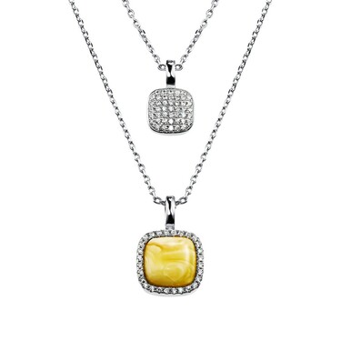 Серебряное женское двойное колье с янтарем , в родии