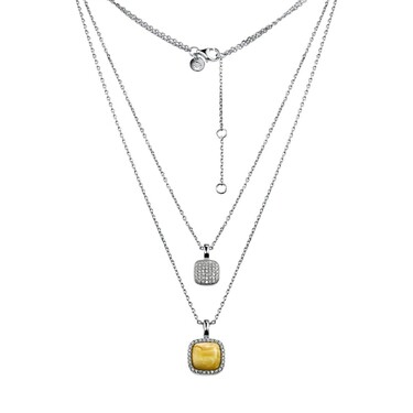 Серебряное женское двойное колье с янтарем , в родии