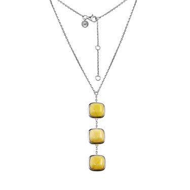 Серебряное женское колье с подвеской с янтарем, в родии