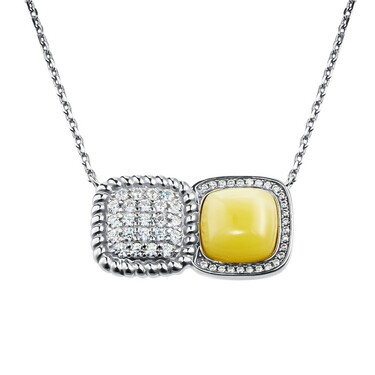 Серебряное женское колье с янтарем и фианитами, в родии