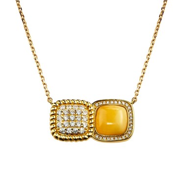 Серебряное женское колье с янтарем и фианитами,позолота