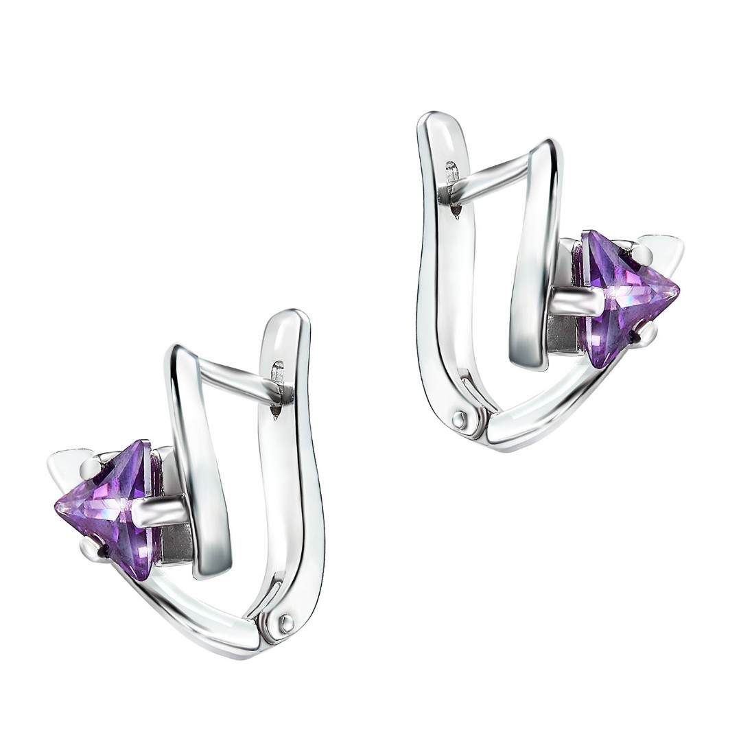 Серебряные серьги с фиолетовым фианитом, огранка треугольник, родий Серьги,Серебро,с вставкой Фианит,с замком Английский,РОССИЯ