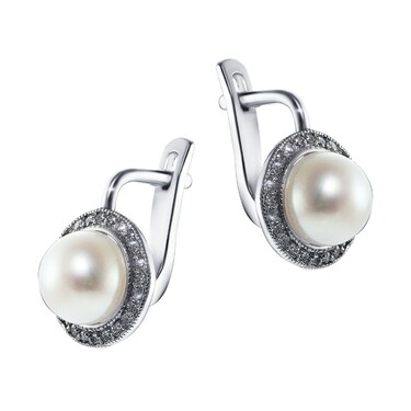 Серебряные серьги с жемчугом и фианитом, родий