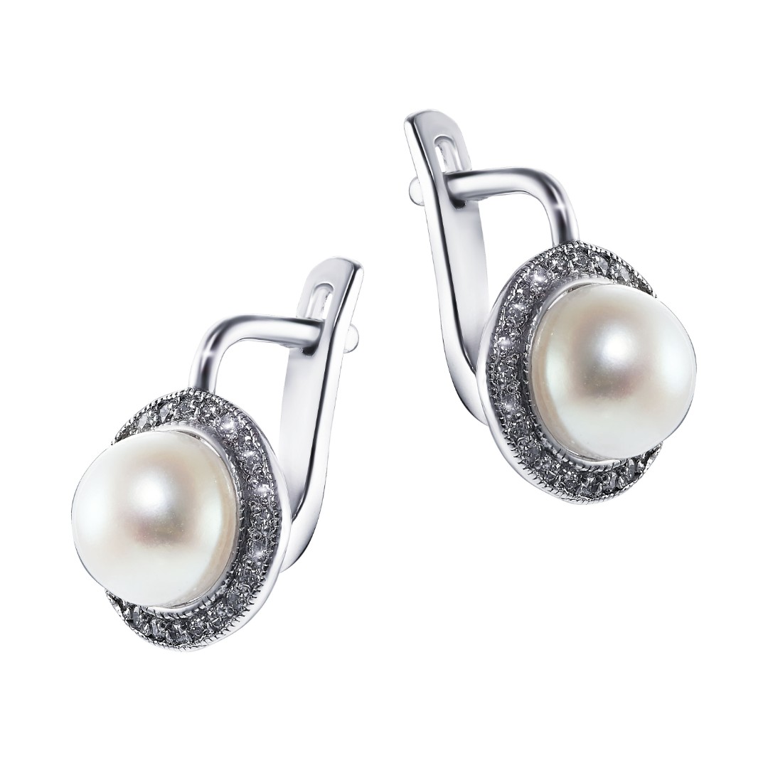 Серьги,Серебро,с вставкой Фианит,Жемчуг культивированный,с замком Английский,РОССИЯ