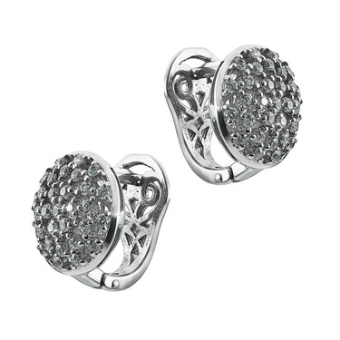 Серебряные курглые серьги с россыпью фианитов, родий