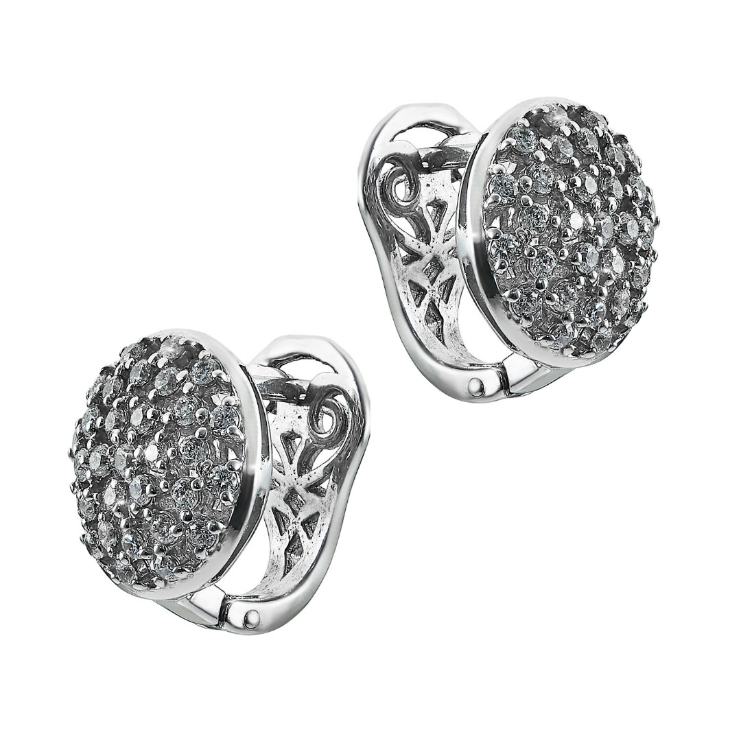 Серебряные курглые серьги с россыпью фианитов, родий Серьги,Серебро,с вставкой Фианит,с замком Английский,РОССИЯ