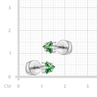 Серебряные серьги / Пусеты / Гвоздики с зеленым фианитом, огранка треугольник, родий