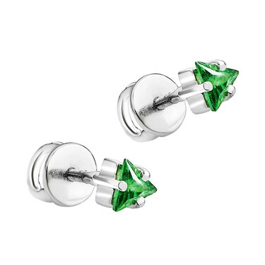 Серебряные серьги / Пусеты / Гвоздики с зеленым фианитом, огранка треугольник, родий