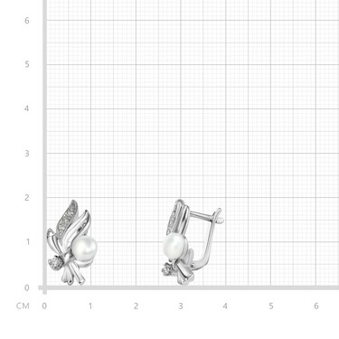 Серебряные серьги с фианитами и жемчугом, в родий