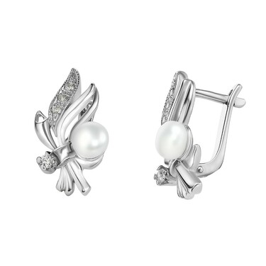 Серебряные серьги с фианитами и жемчугом, в родий