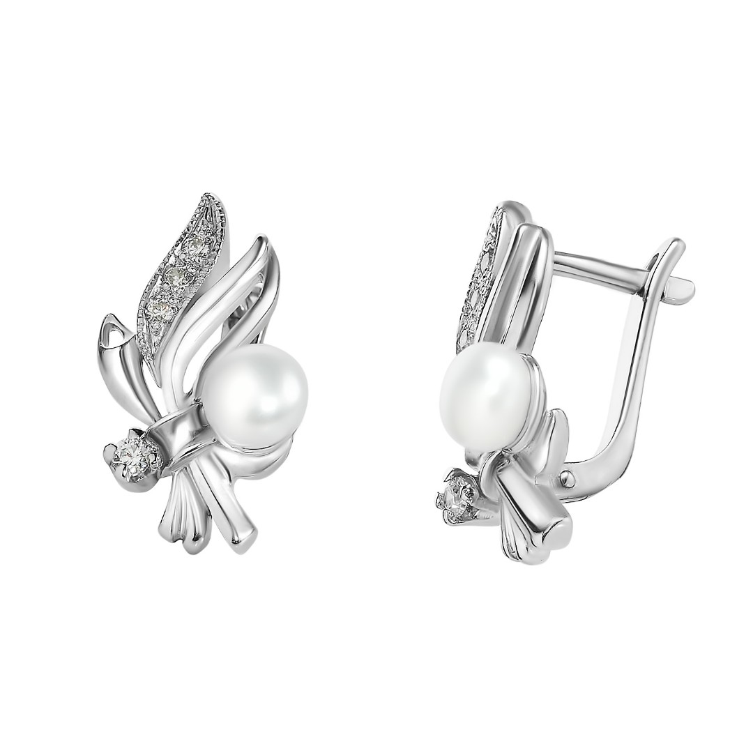 Серьги,Серебро,с вставкой Фианит,Жемчуг культивированный,с замком Английский,РОССИЯ