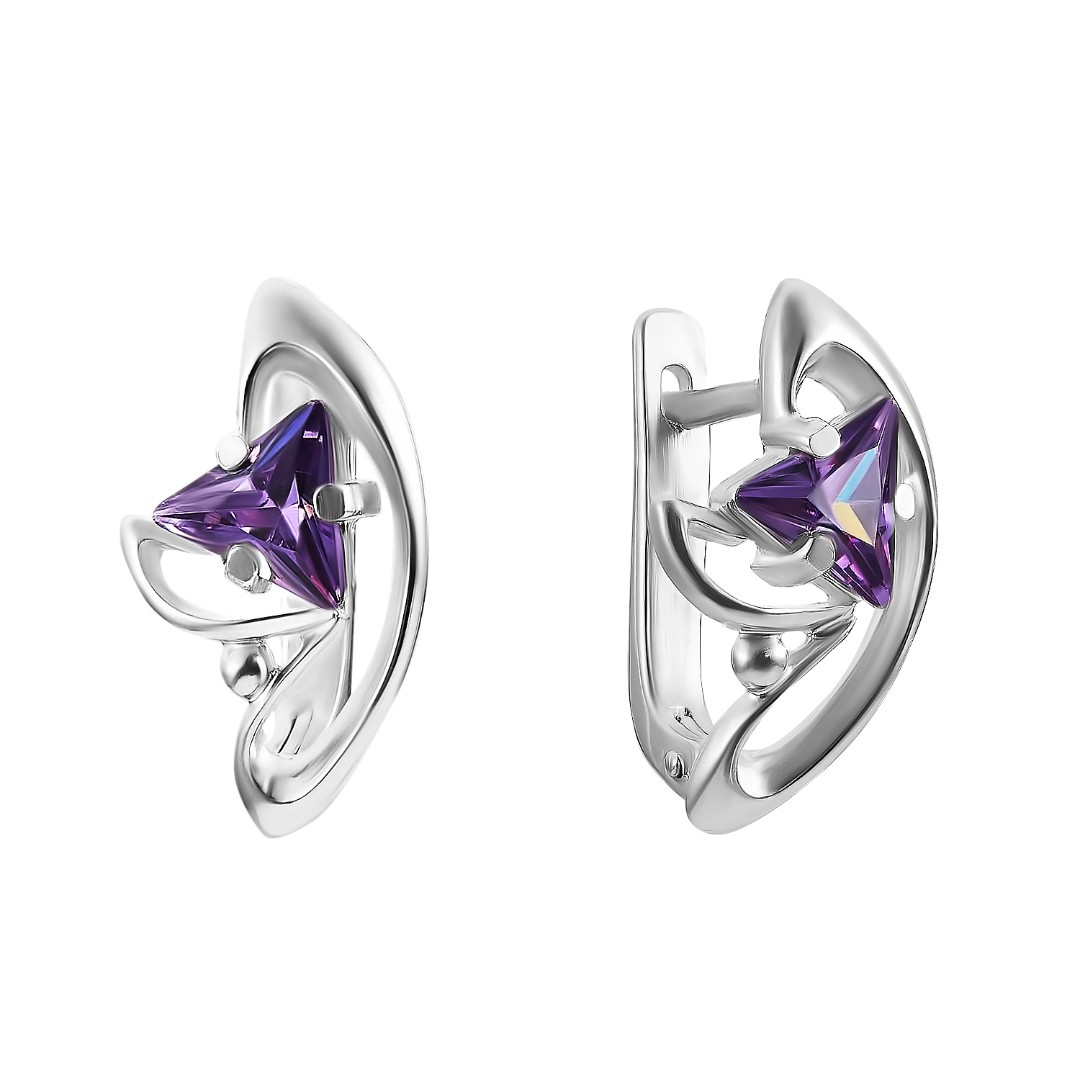 Серебряные серьги с фиолетовым фианитом, родий Серьги,Серебро,с вставкой Фианит,с замком Английский,РОССИЯ
