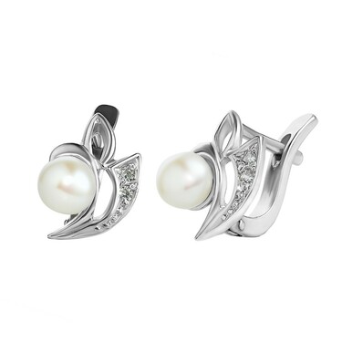 Серебряные серьги с фианитами и жемчугом в родий