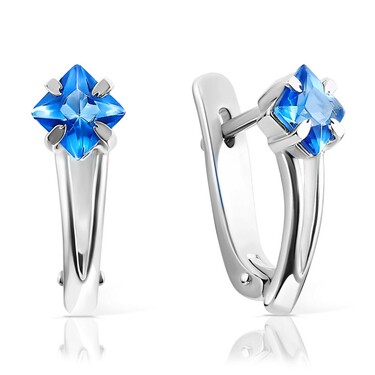 Серебряные серьги с синим фианитом, родий