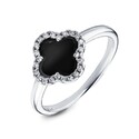 Серебряное женское кольцо с четырехлистником из черного оникса и циркониев, в родии Кольцо,Серебро,с вставкой Белая,Черная цвета,КИТАЙ