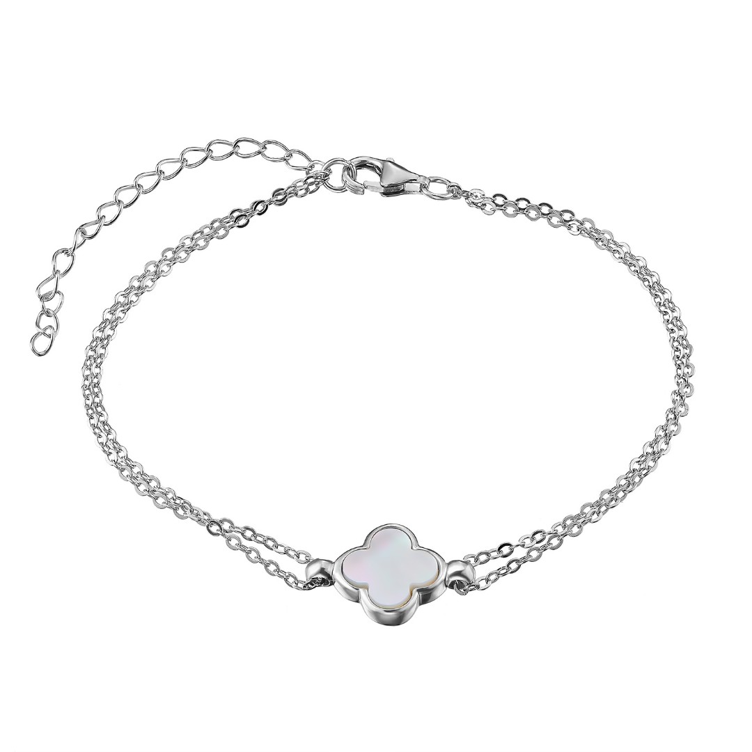 Серебряный женский двойной браслет-цепочка с четырехлистником из перламутра, в родии Браслет на руку,Серебро,с вставкой Без вставок,с замком Карабинный,КИТАЙ