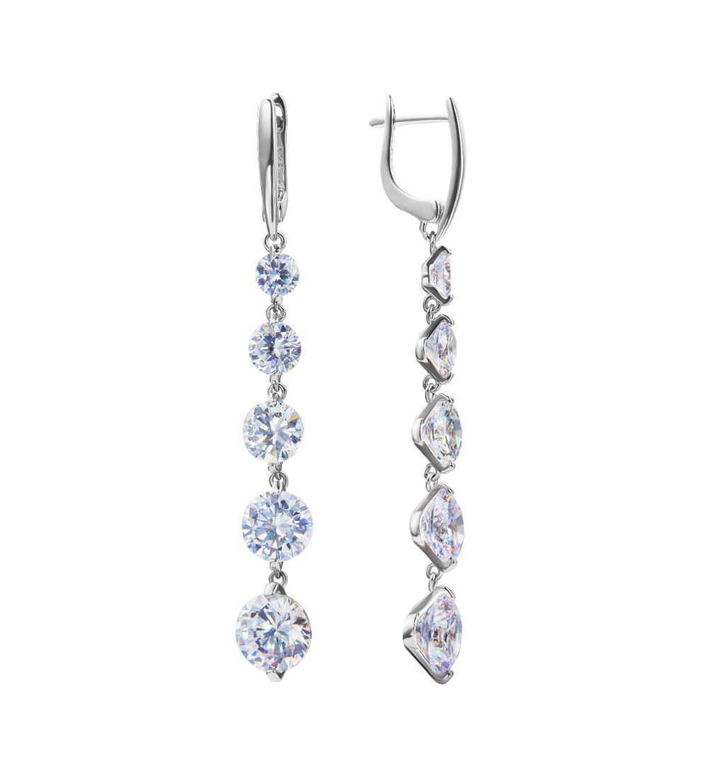 Серьги,Длинные серьги,Серебро,с вставкой Цирконий кубический Белая цвета,с замком Английский,ГОНКОНГ