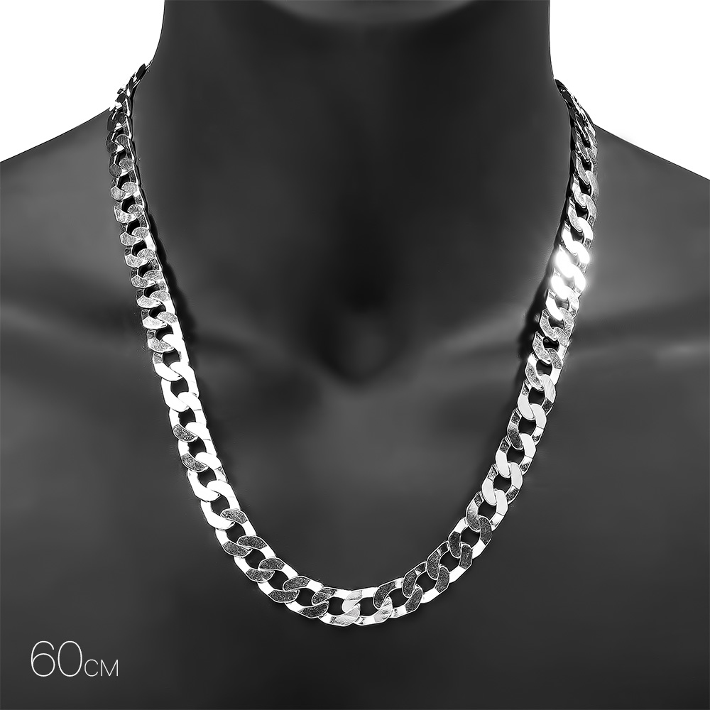 Серебряная мужская цепь на шею, плетение Панцирь, родирование, ширина 1 см- купить в Ювелирном магазине Silveroff