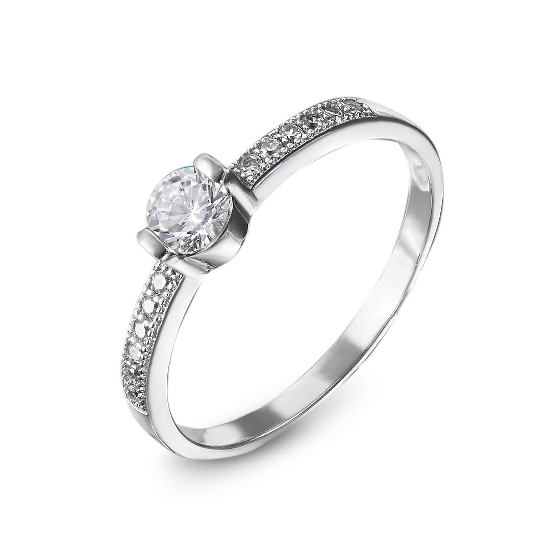Серебряное помолвочное кольцо с белыми кубическими цирконами, в родии Кольцо,Серебро,с вставкой Циркон Белая цвета,ГОНКОНГ