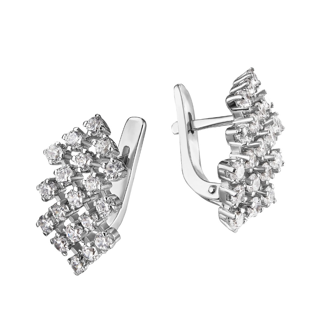 Серебряные серьги с фианитом, родий Серьги,Серебро,с вставкой Фианит,с замком Английский,РОССИЯ