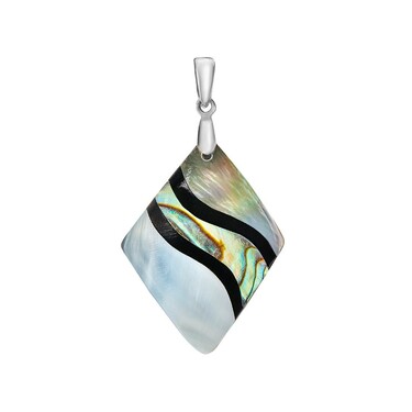 Серебряная подвеска ромб с перламутром, бело-зеленая мозаика с черной волной