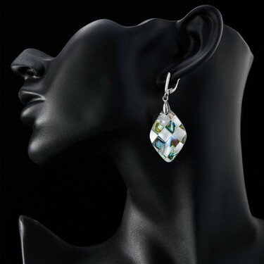 Перламутровые серьги ромбы,мозаика,в родии