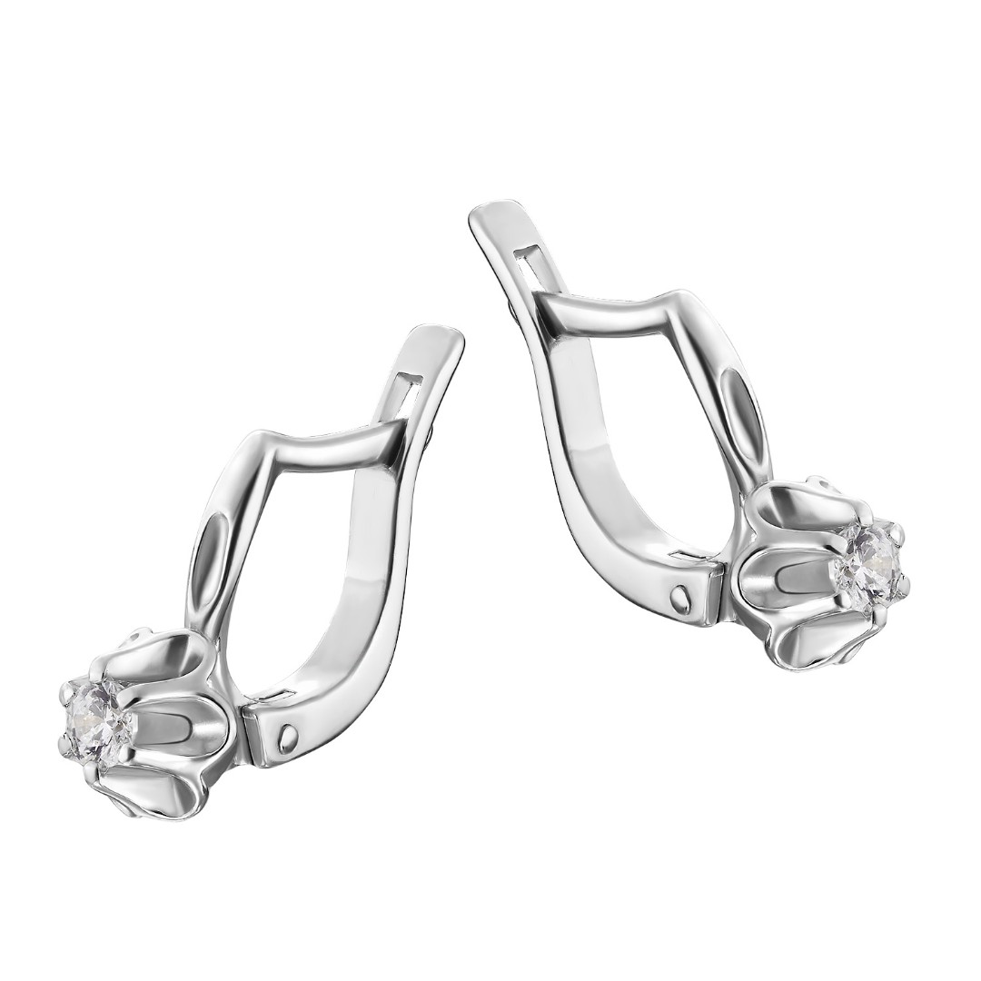 Серебряные серьги с фианитом, родий Серьги,Серебро,с вставкой Фианит,с замком Английский,РОССИЯ