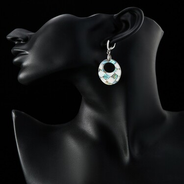 Перламутровые серьги овал с отверстием, мозаика, в родии