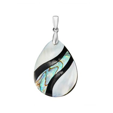 Серебряная прямоугольная подвеска с перламутром, бело-зеленая мозаика с черной волной